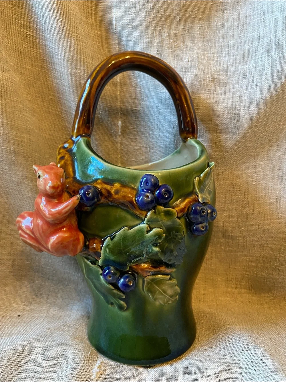 Green Ceramic Squirrel Majolica style Basket Vase with Blue Berry Accents